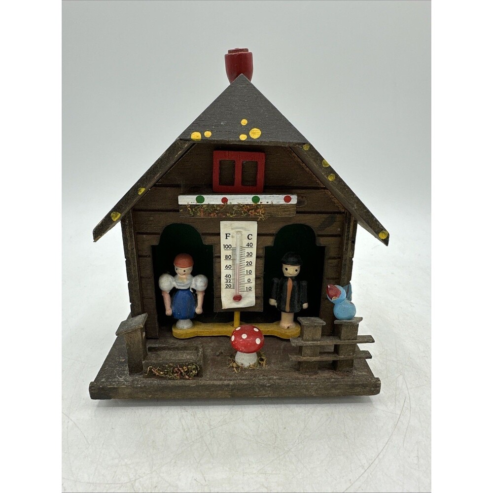 Vintage German Barometer Weather House Wood Wooden